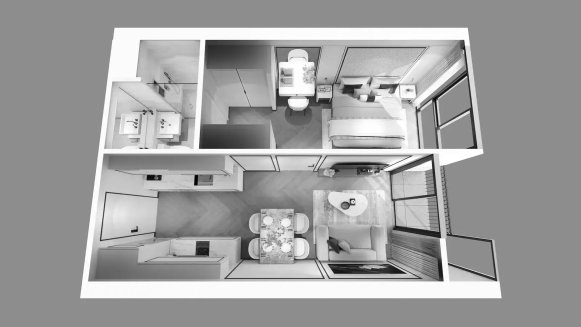 Планировка кондомониума 1 спальня в ЖК The Ozone Signature Condominium № 11007 (3D)
