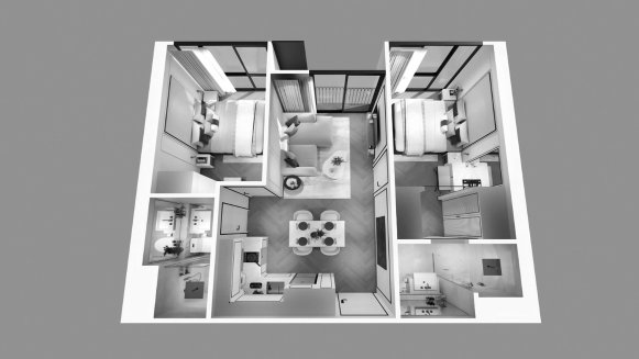 Планировка кондомониума 2 спальни в ЖК The Ozone Signature Condominium № 11008 (3D)